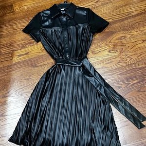 DKNY Vegan Leather A-line shirt dress with pleated skirt and tie-waist. NWT
